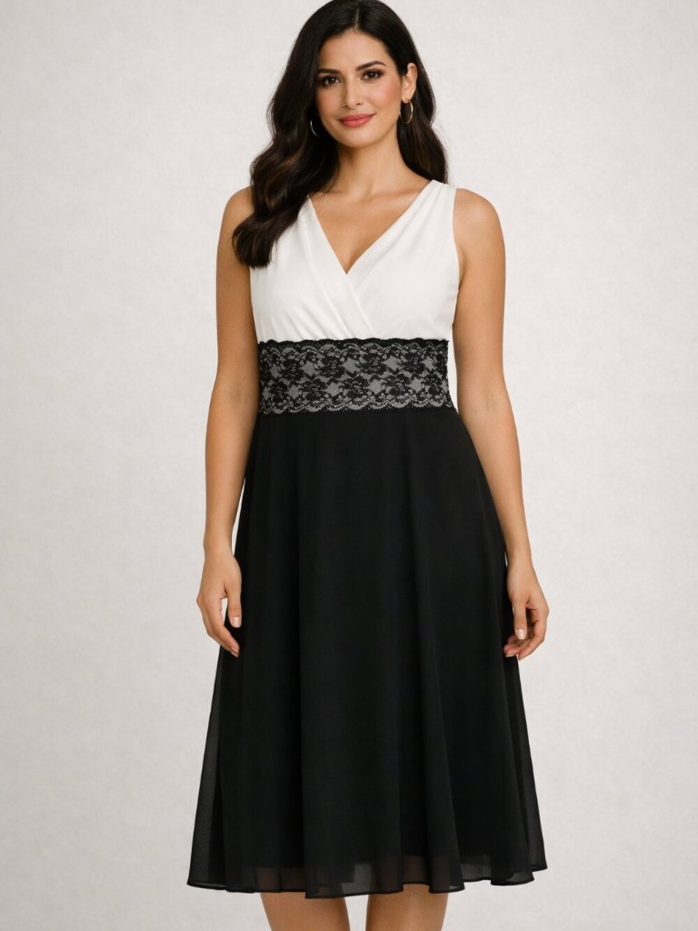 Connected Apparel Black and White Lace Fully lined Chiffon Dress Y2K Size 12